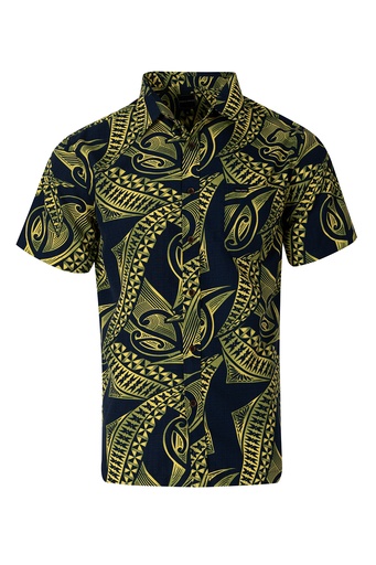 [SS4324] Tribal Origin Mens Bula Shirt- Meivea (S, Navy/Lime)