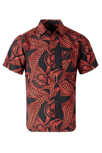 [SS4324] Tribal Origin Mens Bula Shirt- Meivea (S, Black/Red)