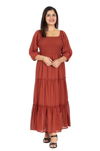 [LD4761] Nifty Soul 3/4 Sleeve Square Neck Smocked Tiered Maxi Dress (8, Rust)