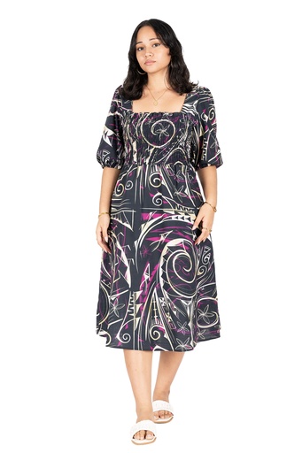 [LD4920] Akamu Square Neck Front Smocked Dress Tawa (10, Goldrush)