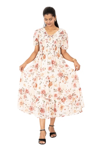[LD4826] Nifty Soul V Neck Smocked Chiffon Maxi Dress (8, Beige)