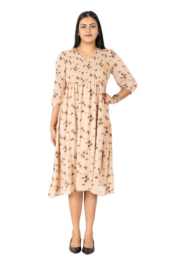 [LD4829] Nifty Soul V Neck Smocked Chiffon Midi Dress (8, Brown)