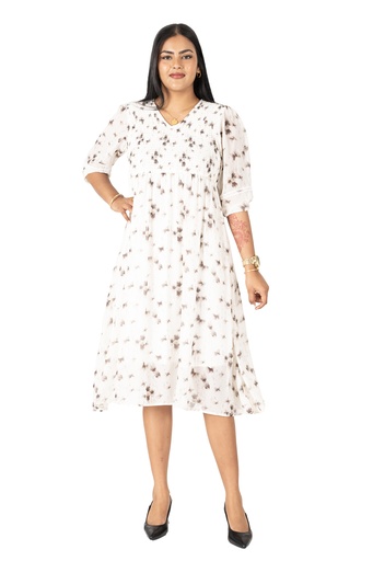 [LD4829] Nifty Soul V Neck Smocked Chiffon Midi Dress (8, White)