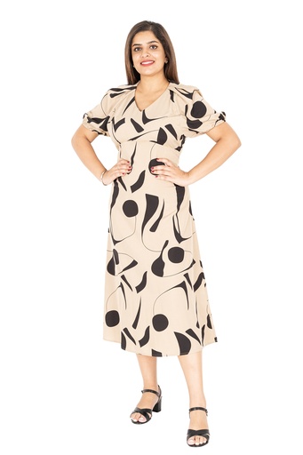 [LD4812] Nifty Soul V Neck Puff Sleeve Dress (8, Beige)